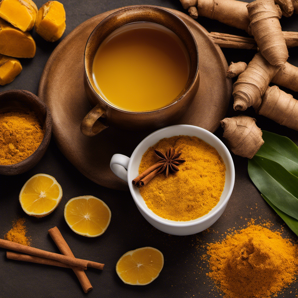 An image of a serene scene, with a steaming cup of vibrant yellow turmeric tea gently cradled in hands, surrounded by an array of fresh turmeric roots, ginger slices, and cinnamon sticks, exuding warmth and wellness