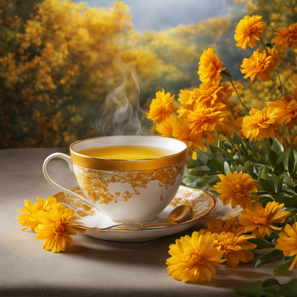 An image of a serene morning scene, featuring a warm cup of golden turmeric tea gently steaming, surrounded by vibrant yellow and orange flowers, exuding a sense of calm and well-being