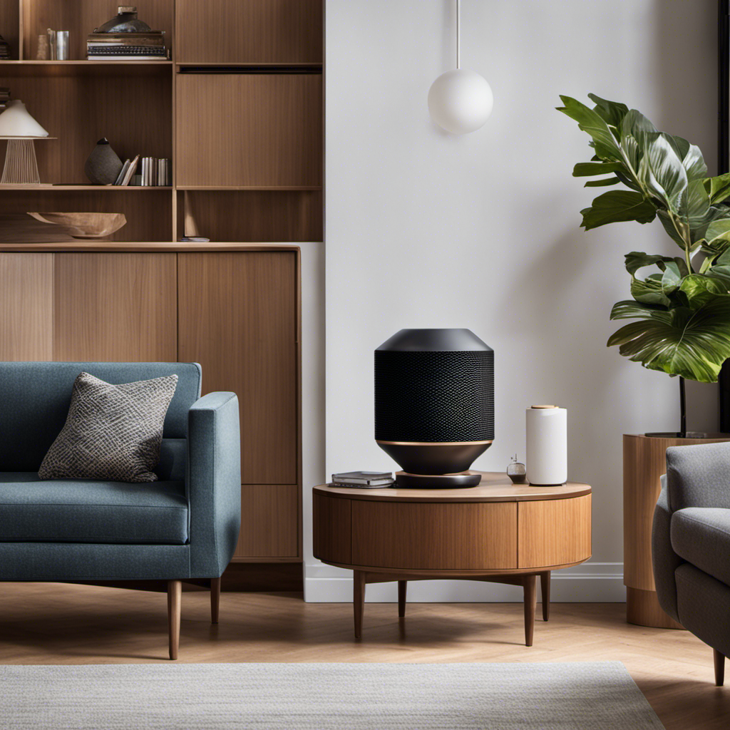 An image showcasing a modern living room with a Druiap Air Purifier elegantly placed on a side table, subtly highlighting the device's sleek design and its ability to effortlessly purify the surrounding air