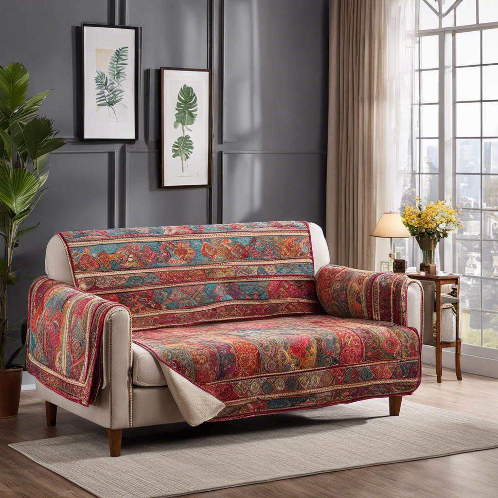 An image showcasing a cozy living room with a stylish, reversible couch cover in vibrant colors