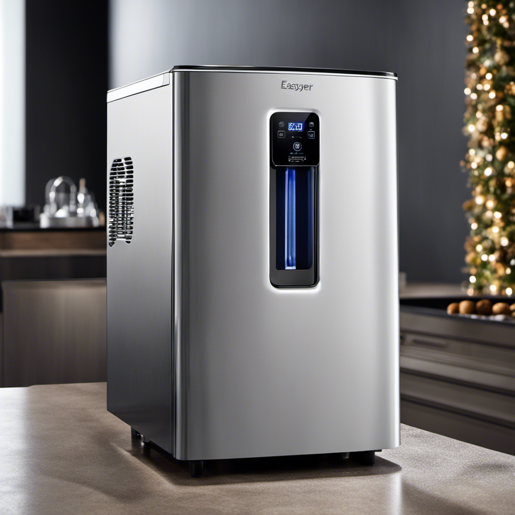 An image showcasing the sleek and compact design of the EASYERA Nugget Ice Maker, with its stainless steel exterior gleaming under ambient lighting, surrounded by a refreshing pile of perfectly formed nugget ice