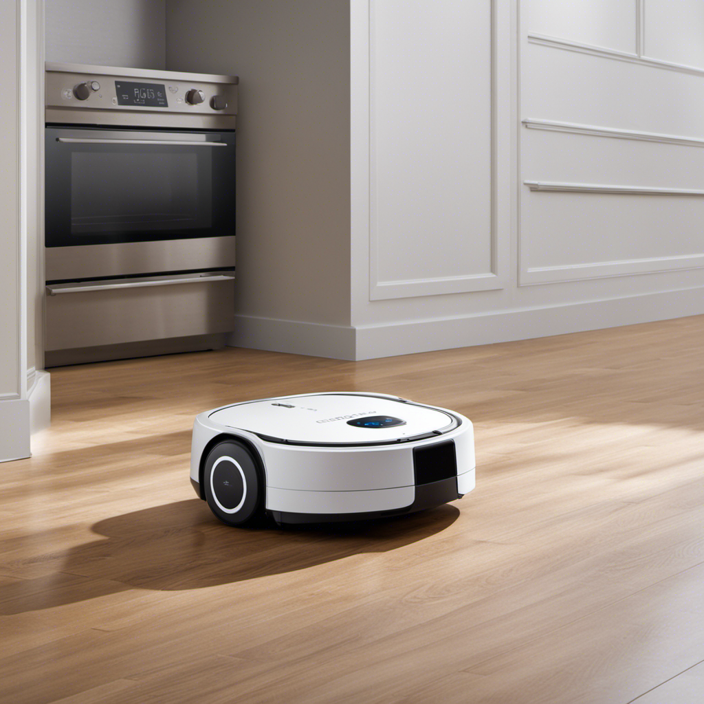 An image showcasing the Ecovacs Deebot Vacuum and Mop effortlessly gliding across a pristine hardwood floor, capturing every speck of dust, pet hair, and crumbs, leaving behind a spotless and gleaming surface