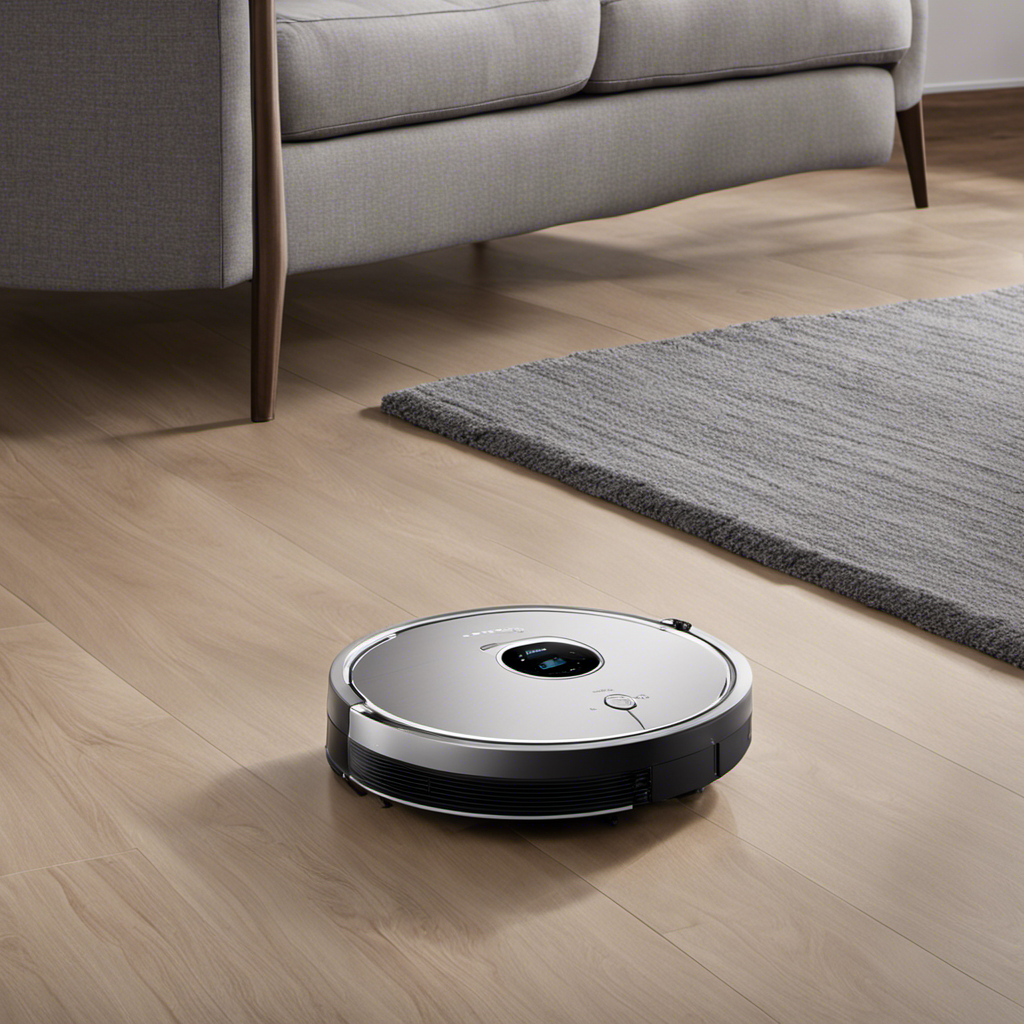 An image showcasing the Ecovacs Deebot X1 Plus Robotic Vacuum effortlessly gliding across a clean hardwood floor, its sleek silver body reflecting the soft natural light pouring in through the floor-to-ceiling windows