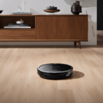 E the essence of effortless cleaning with a captivating image: A sleek Ecovacs Robot Vacuum Cleaner gracefully gliding across a spotless hardwood floor, seamlessly navigating around furniture with precision and ease