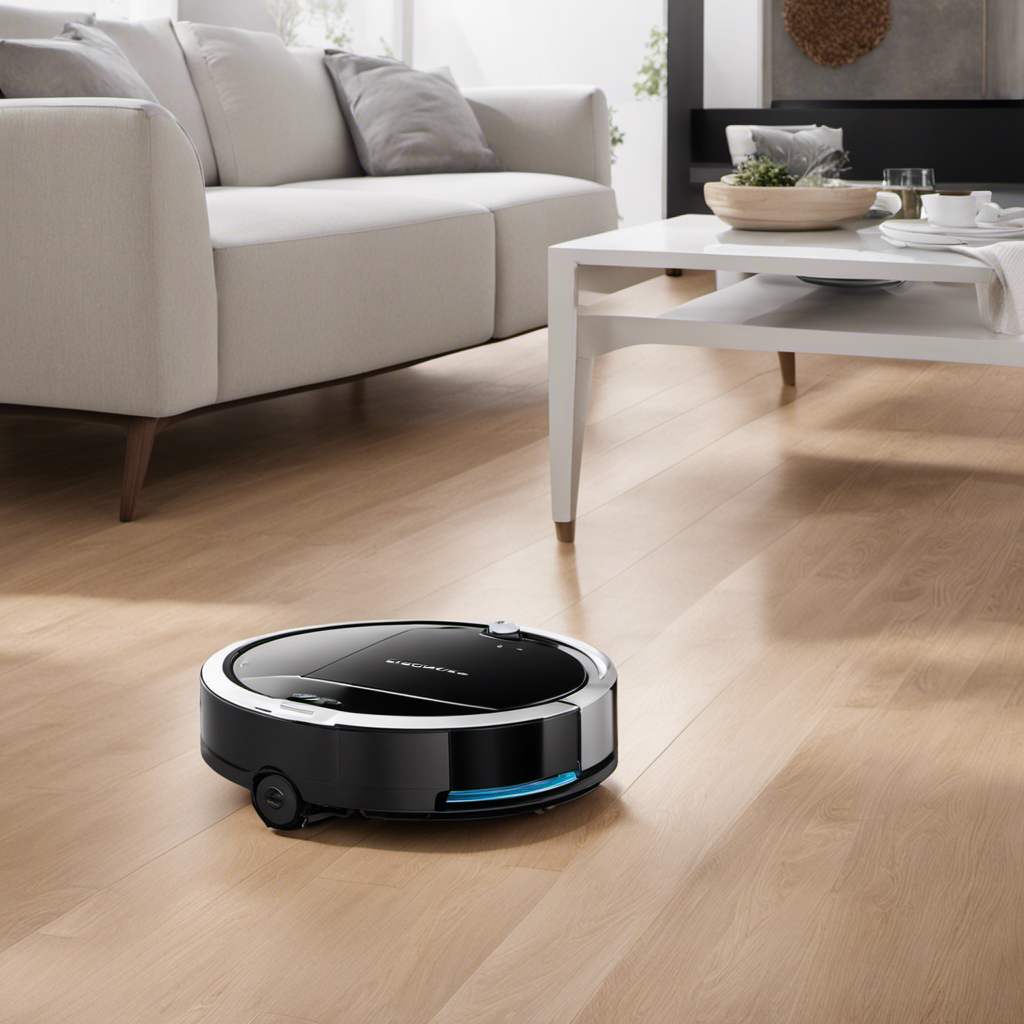 An image showcasing an Ecovacs Vacuum Mopping Robot effortlessly gliding across a spotless hardwood floor, leaving a trail of sparkling cleanliness in its wake