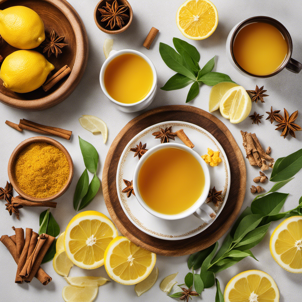 An image featuring a steaming mug of vibrant golden turmeric tea, surrounded by fresh ingredients like sliced lemons, ginger slices, and cinnamon sticks, exuding warmth and health benefits