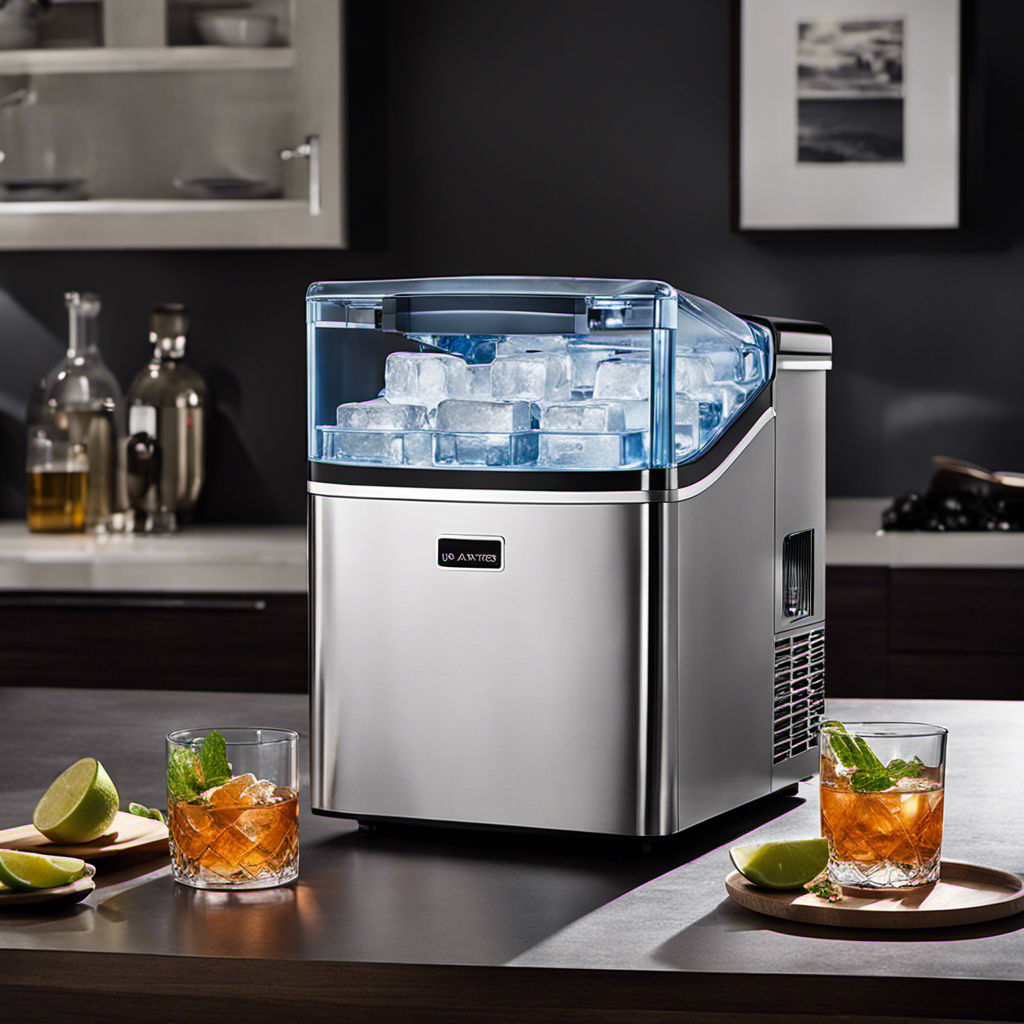 An image showcasing an exquisite Electactic Ice Maker in action, effortlessly producing a mountain of crystal-clear ice cubes