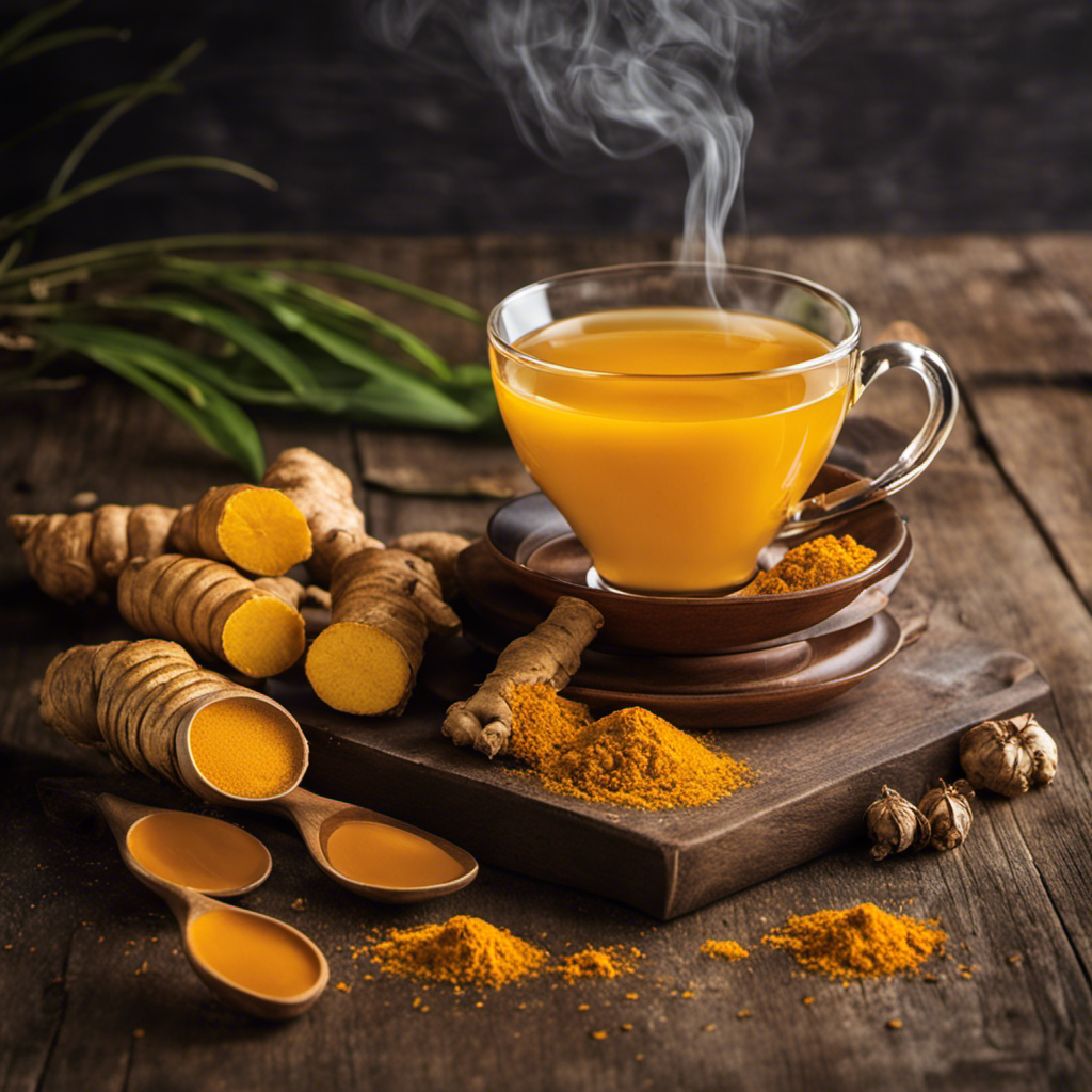 An image showcasing a vibrant yellow cup of Enagic Ukon Turmeric Tea, steam gently rising from the surface, with fresh turmeric roots and ginger slices elegantly arranged around it on a rustic wooden table