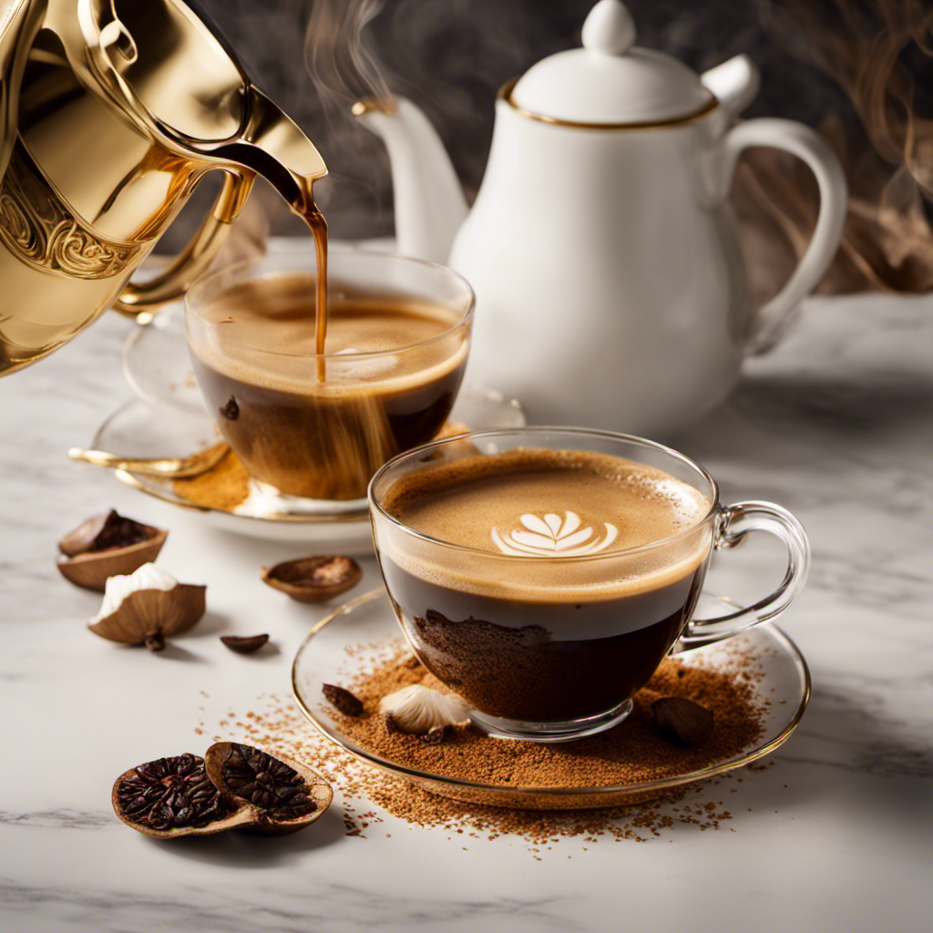 An image capturing the essence of a blissful morning routine: a steaming cup of Ryze Mushroom Coffee, meticulously prepared in 7 steps, showcasing the rich aroma, velvety texture, and golden hues of this magical elixir