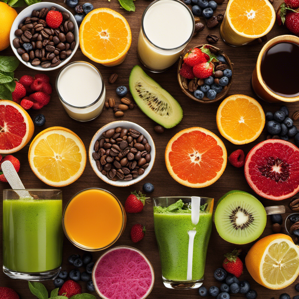 An image showcasing a variety of colorful, caffeine-free beverages like decaf coffee, herbal infusions, fruit juice, water, milk, and smoothies