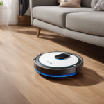 An image showcasing the sleek Eufy BoostIQ RoboVac 11S gliding effortlessly under furniture, its slim design allowing it to reach every nook and cranny, while its powerful suction leaves floors spotless
