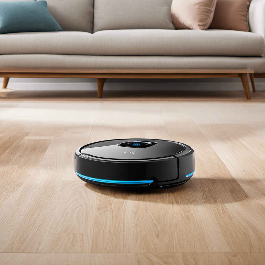 An image capturing the Eufy BoostIQ RoboVac 30C gliding seamlessly across a hardwood floor, effortlessly picking up debris, with its sleek design and powerful suction, showcasing its efficient and effective cleaning capabilities