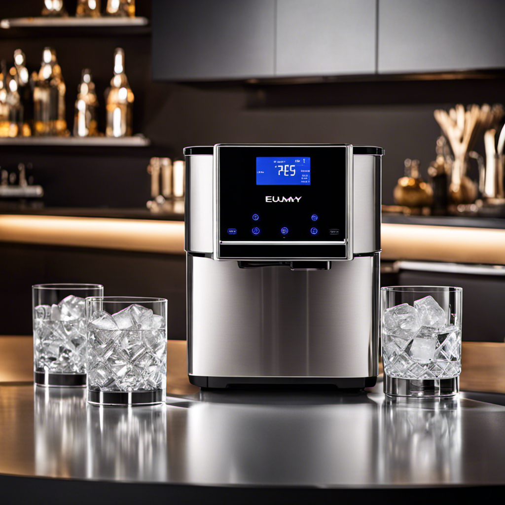 An image showcasing the sleek, stainless steel EUHOMY Ice Maker Machine sitting on a kitchen countertop