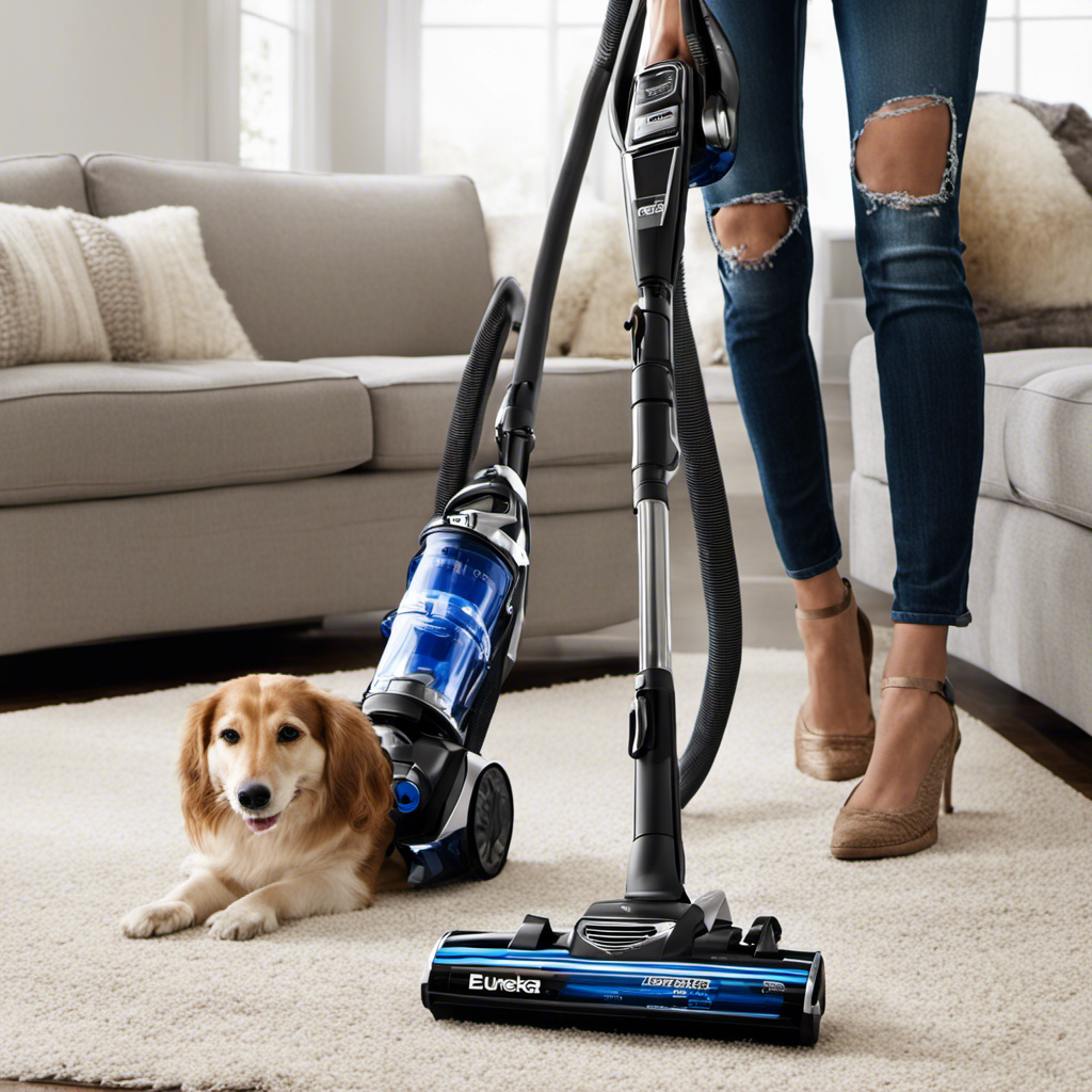 An image showcasing a sleek and powerful Eureka PowerSpeed vacuum in action, effortlessly removing pet hair from every nook and cranny of a home