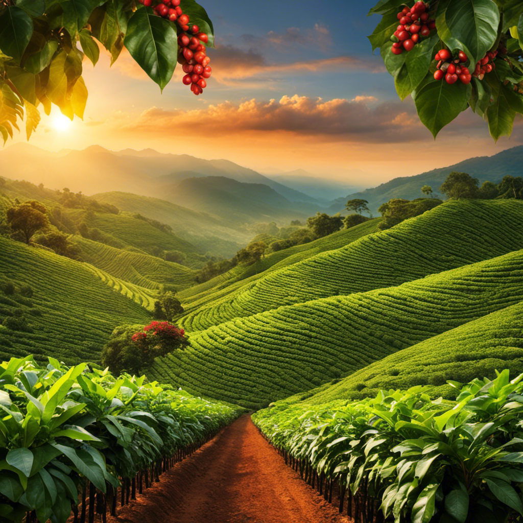 An image of a serene coffee plantation at sunrise, with rows of vibrant green decaf coffee plants stretching towards the horizon