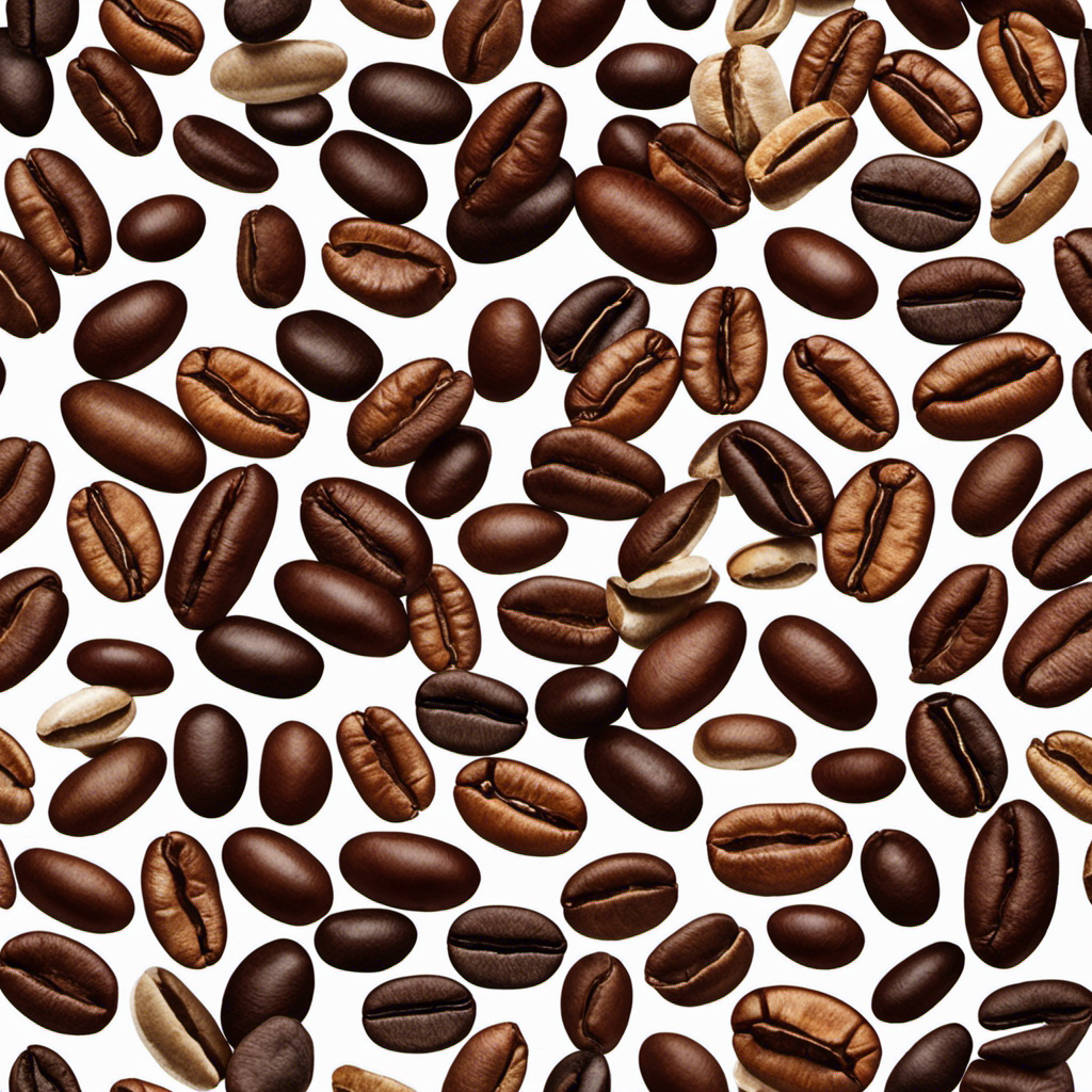An image showcasing a variety of coffee beans in different roasts, ranging from light golden to dark mahogany