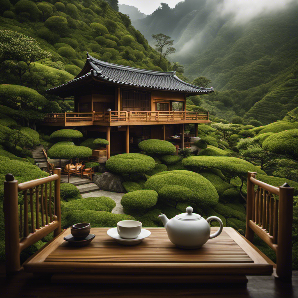 An image showcasing a serene mountainside teahouse surrounded by lush greenery, with tea enthusiasts engaging in a traditional tea ceremony