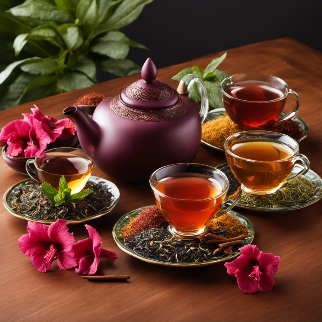 An image showcasing a vibrant tea set with diverse African teas like Honeybush, African Red Tea, Egyptian Hibiscus, Yerba Mate, Kenyan Purple Tea, and Moroccan Mint Tea