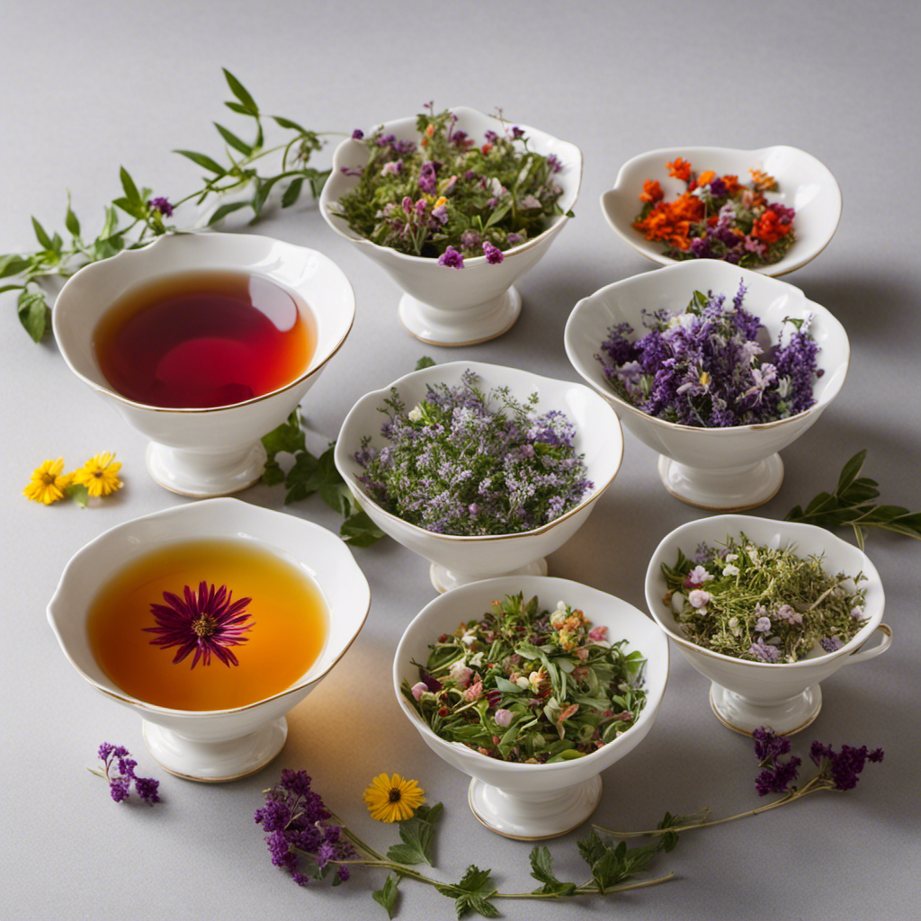 An image showcasing a vibrant collection of herbal tea varieties in delicate porcelain cups, adorned with fragrant herbs and flowers