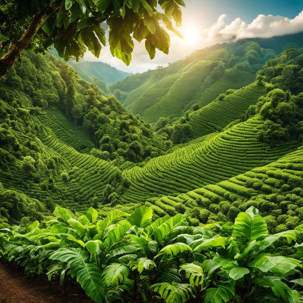 An image showcasing a lush coffee plantation amidst a vibrant rainforest backdrop