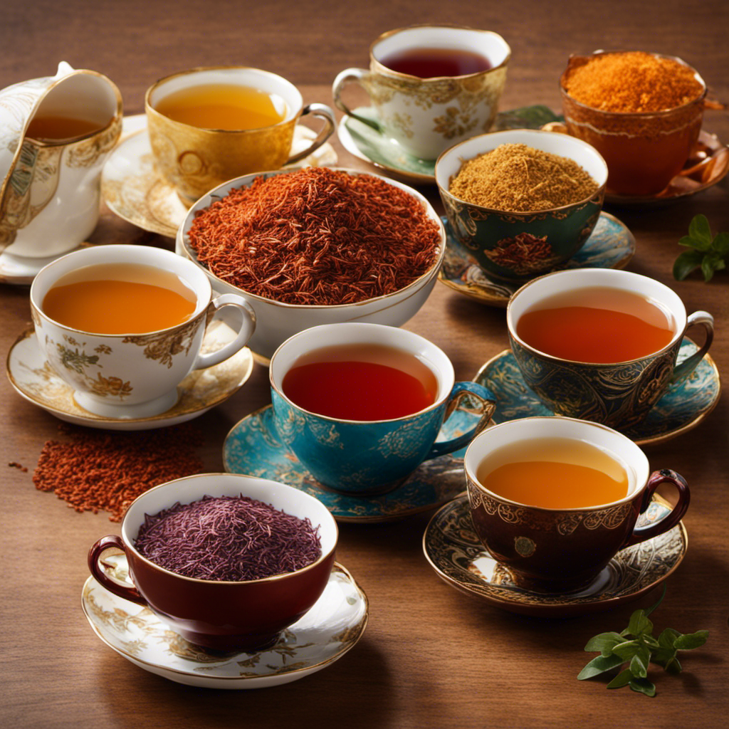 An image showcasing a vibrant array of 8 distinct Rooibos tea varieties, each brewed to perfection in delicate porcelain cups