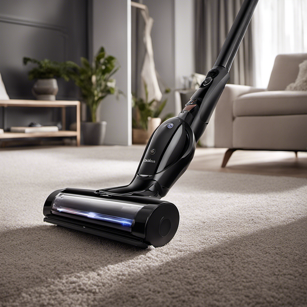 An image showcasing the FABULETTA Cordless Vacuum Cleaner in action: a sleek, black device effortlessly gliding across a plush carpet, capturing every speck of dust, while a beam of sunlight highlights its powerful suction and versatility