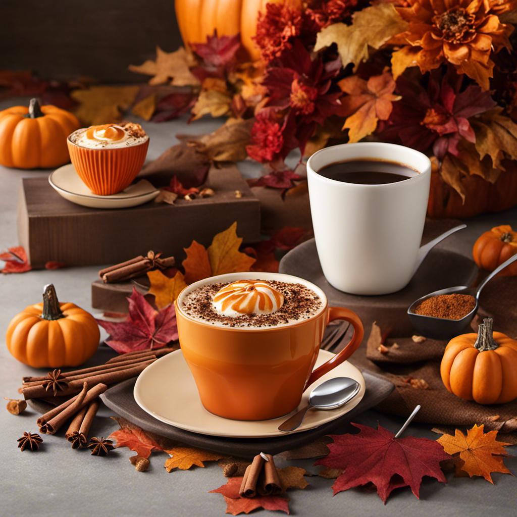 An image showcasing a vibrant autumnal scene with a cozy coffee nook, adorned with a variety of Nespresso pumpkin spice flavors, each cup beautifully garnished with cinnamon, nutmeg, and a sprinkle of brown sugar