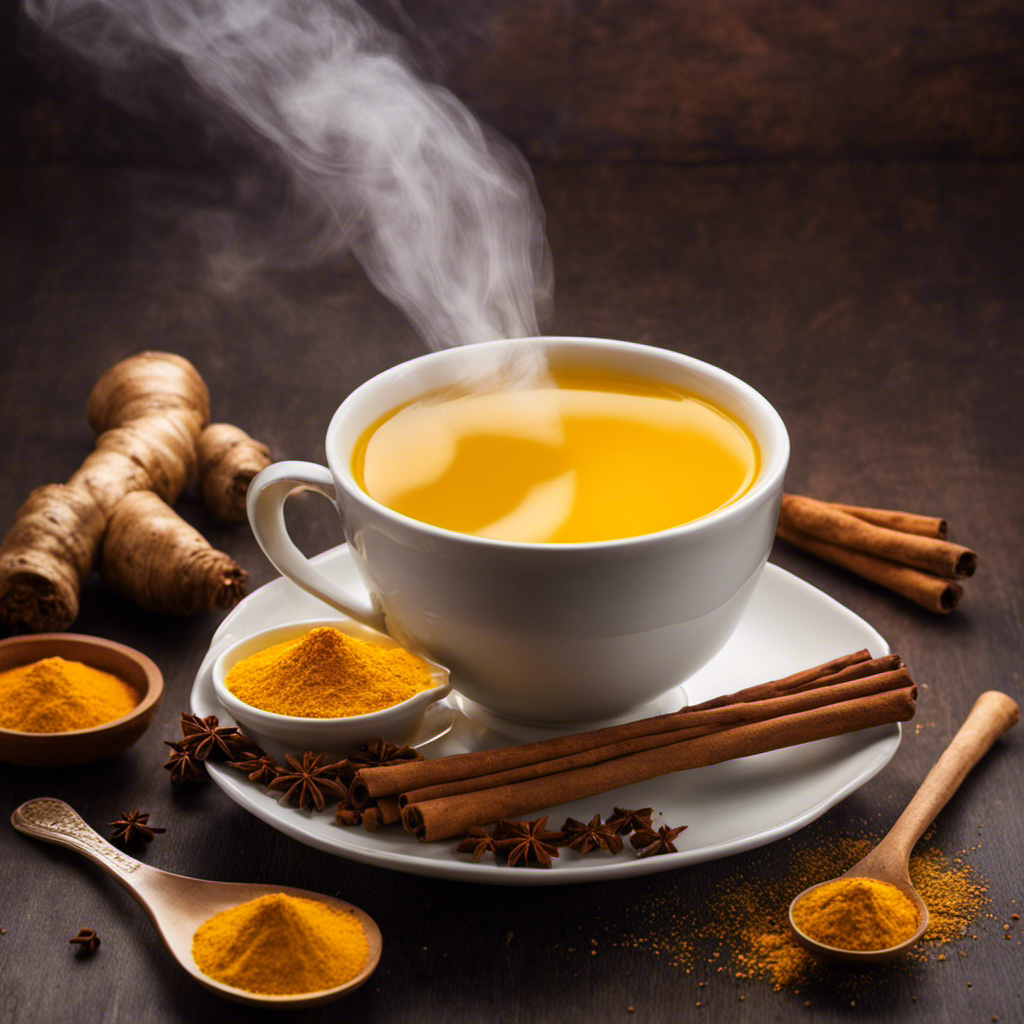 An image showcasing a steaming cup of vibrant golden turmeric tea, adorned with a sprinkle of cinnamon, against a backdrop of fresh turmeric roots and fragrant spices, evoking the warmth and simplicity of a fast and nourishing homemade recipe
