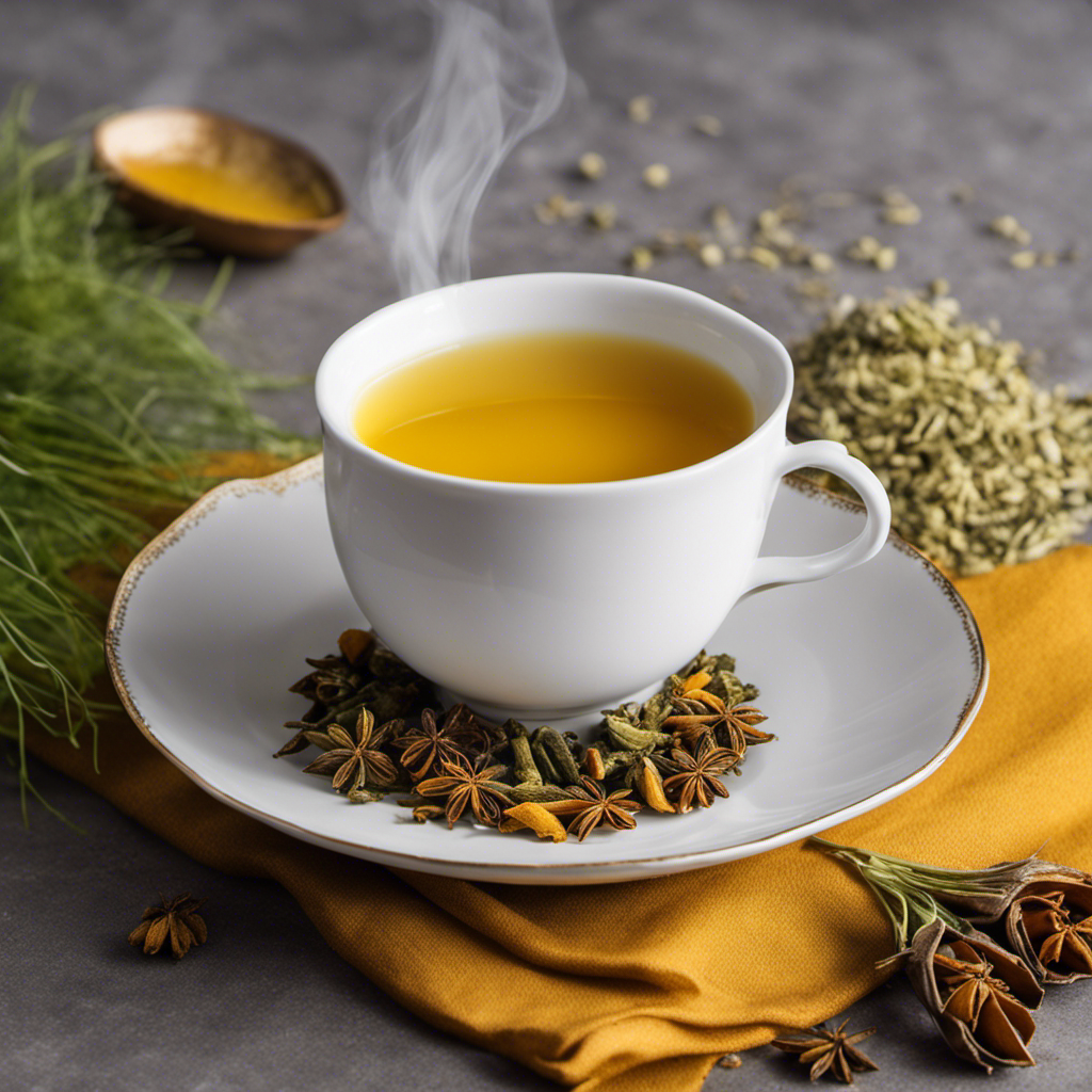 An image that showcases the vibrant hues of fennel and turmeric tea in a delicate porcelain cup, with steam rising and golden spices gracefully swirling, evoking warmth, healing, and holistic wellness