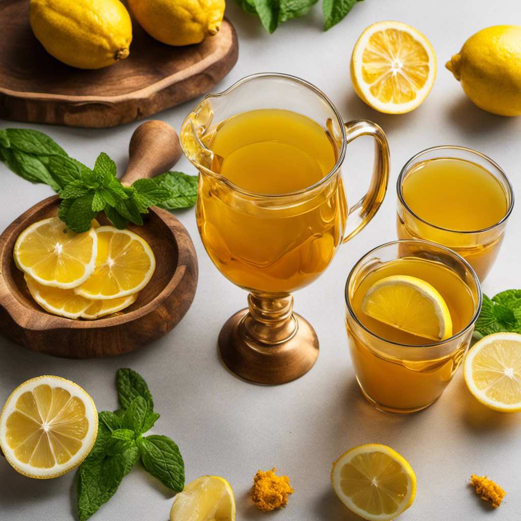 An image showcasing a vibrant glass pitcher filled with golden-hued fermented turmeric tea