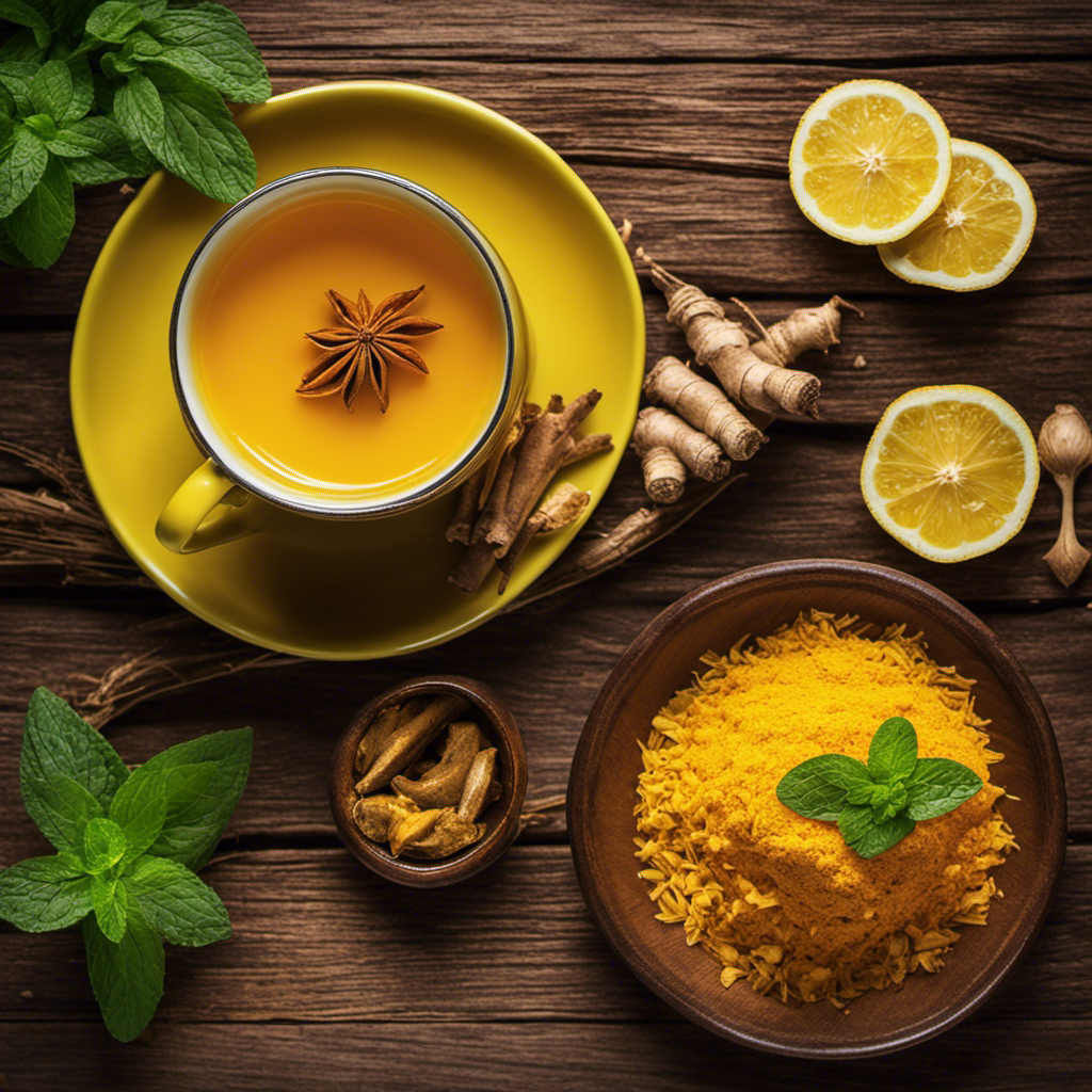 An image showcasing a steaming Fgo Organic Turmeric Ginger Tea in a vibrant yellow cup, surrounded by freshly grated turmeric and ginger, garnished with a sprig of mint, on a rustic wooden table