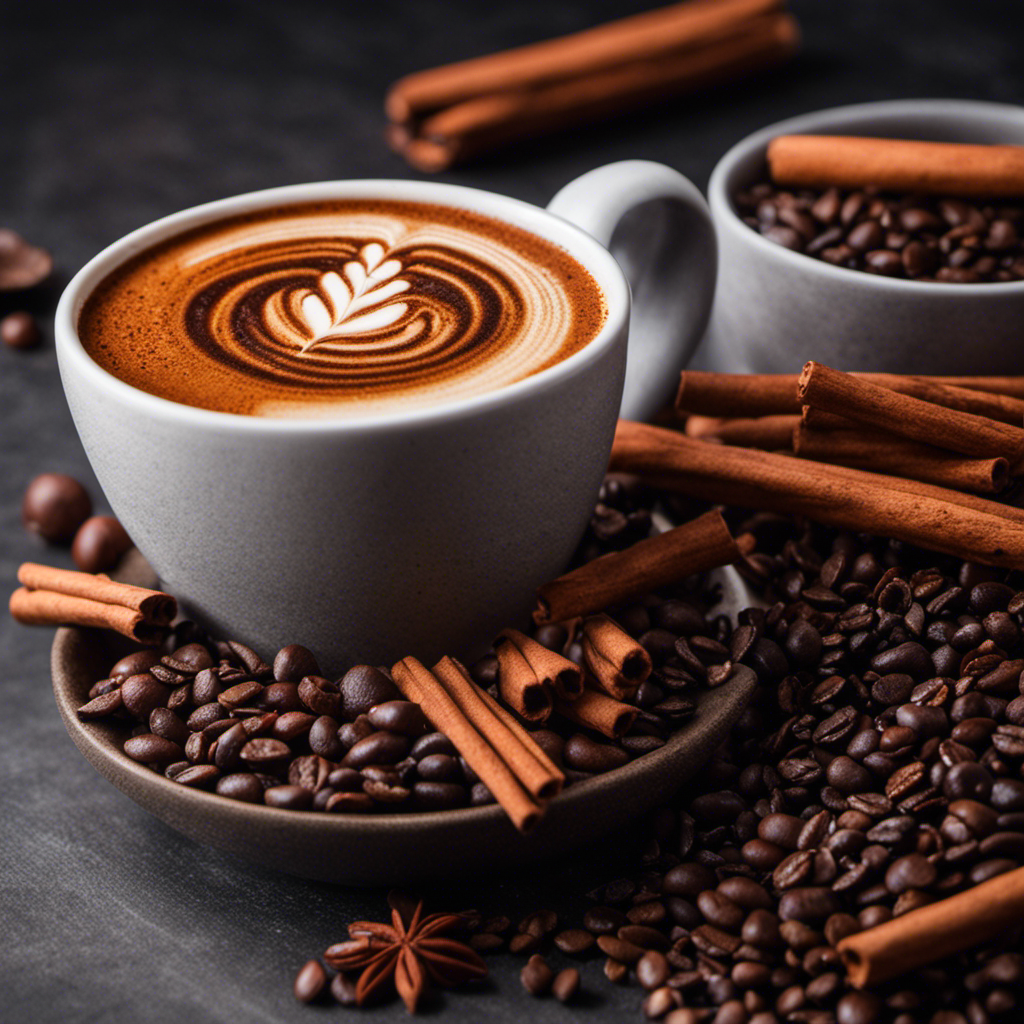 An image showcasing a steaming cup of Ryze Mushroom Coffee, surrounded by vibrant and aromatic ingredients like cinnamon, vanilla beans, and cacao nibs