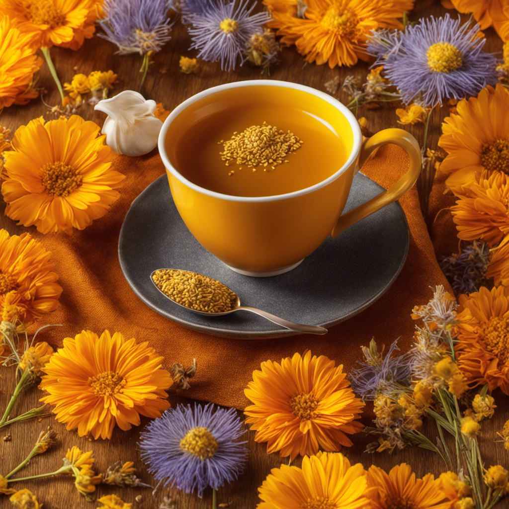 An enticing image showcasing a steaming cup of golden turmeric tea infused with flaxseeds, adorned with delicate flax flowers, against a backdrop of vibrant yellow and orange hues, invoking warmth and wellness