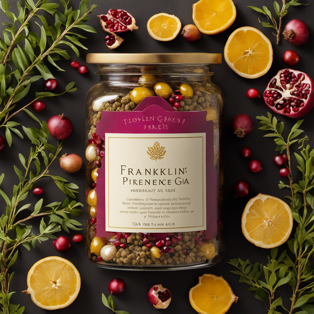 An image showcasing a vibrant, botanical collage of Frankincense pearls, Turmeric roots, Green Tea leaves, Ginger rhizomes, Pomegranate seeds, and Grape Seeds, beautifully arranged in a glass jar