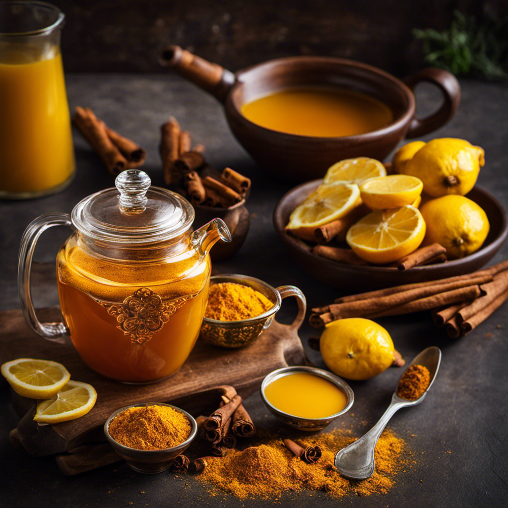 An image showcasing the vibrant hues of homemade turmeric tea: a steaming cup adorned with golden swirls, surrounded by fresh turmeric roots, cinnamon sticks, and slices of lemon, all bathed in warm natural light