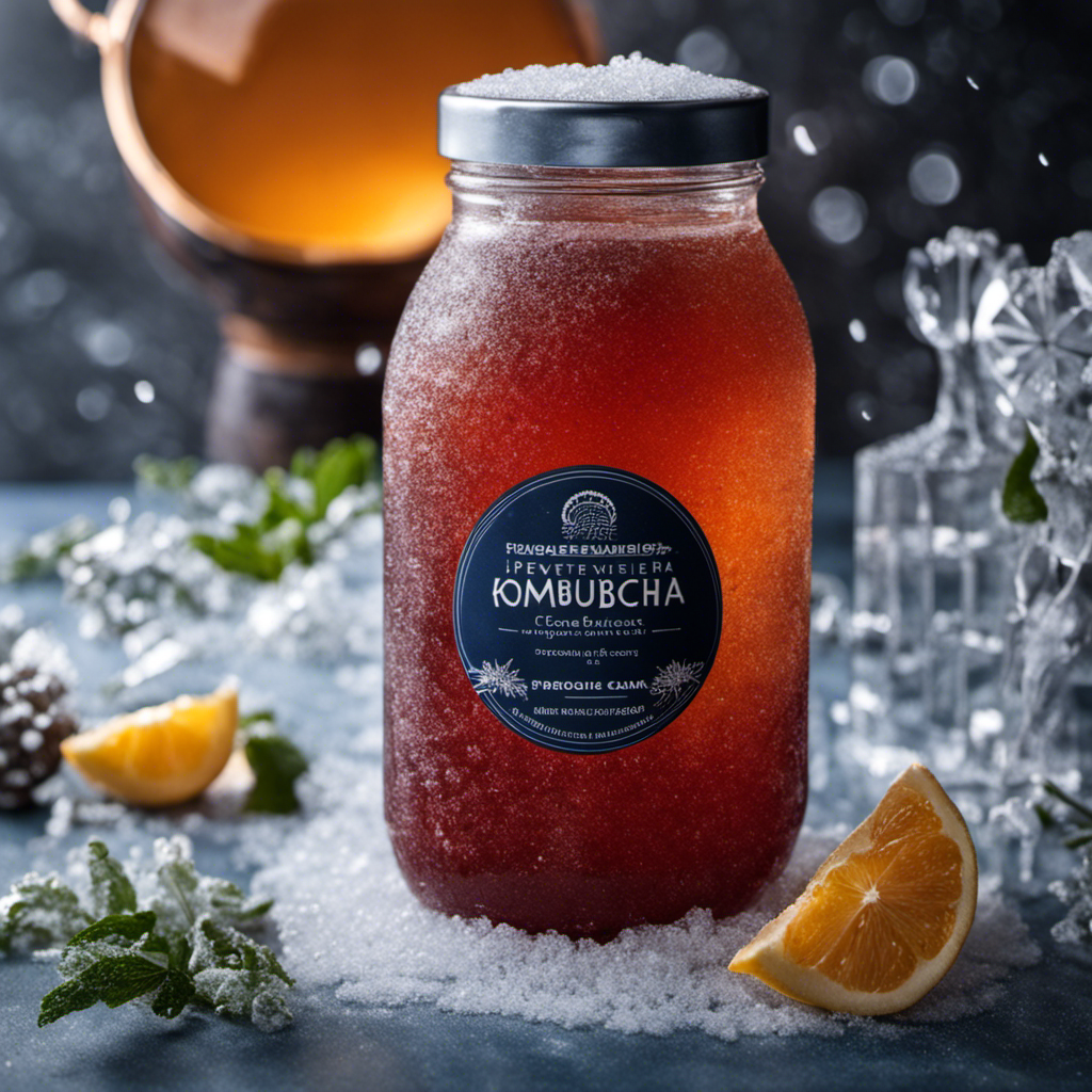 An image depicting a glass jar filled with vibrant, effervescent Kombucha, partially covered in frost