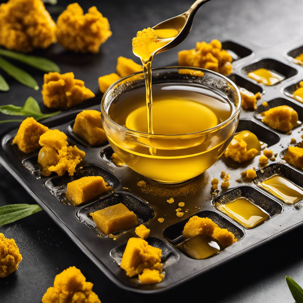 An image depicting a vibrant yellow turmeric tea concentrate being poured into ice cube trays, with droplets of condensation forming on the tray edges and a hint of steam rising from the liquid