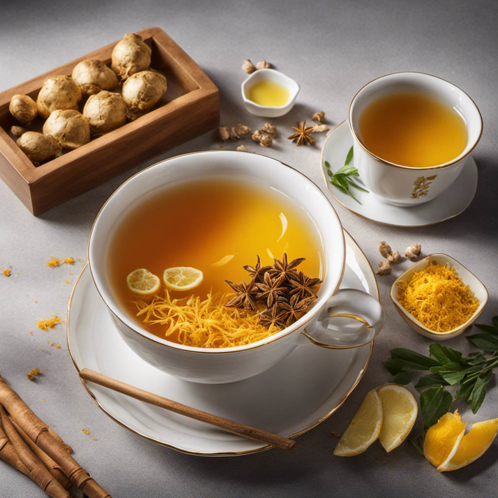 An image that depicts a steaming cup of golden-hued tea, made with freshly grated ginger and turmeric