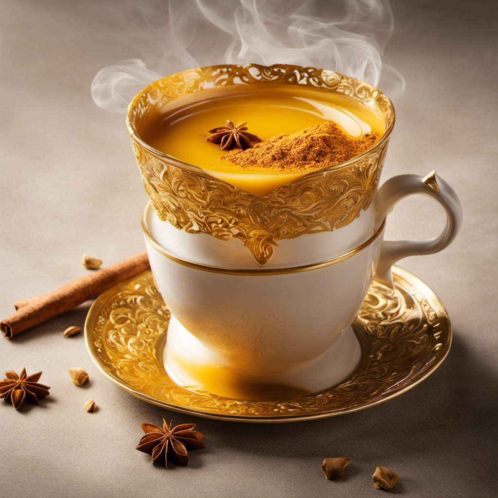 An image of a steaming cup filled with golden chai tea, garnished with thin slices of fresh ginger and vibrant turmeric