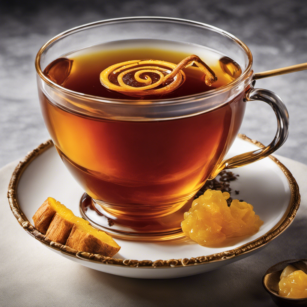 Nt and energizing image showcasing a steaming cup of black tea infused with fresh ginger, with swirls of golden turmeric, a hint of fiery cayenne pepper, a splash of tangy vinegar, and a drizzle of golden honey