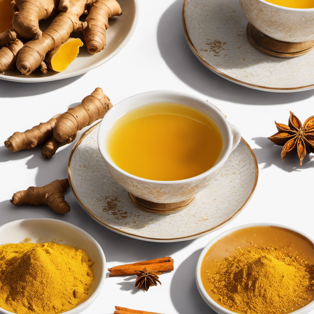 An image showcasing a vibrant cup of golden Fresh Ginger Root Tea and Turmeric, radiating warmth and comfort