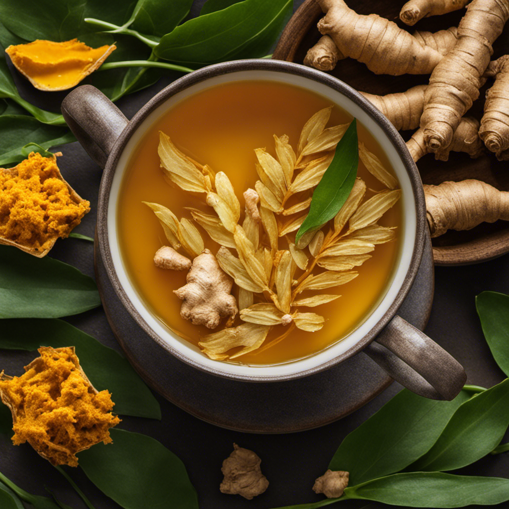 a vibrant image of a steaming cup of Fresh Ginger Turmeric Tea, infused with golden hues and surrounded by delicate wisps of fragrant steam, against a backdrop of lush green leaves
