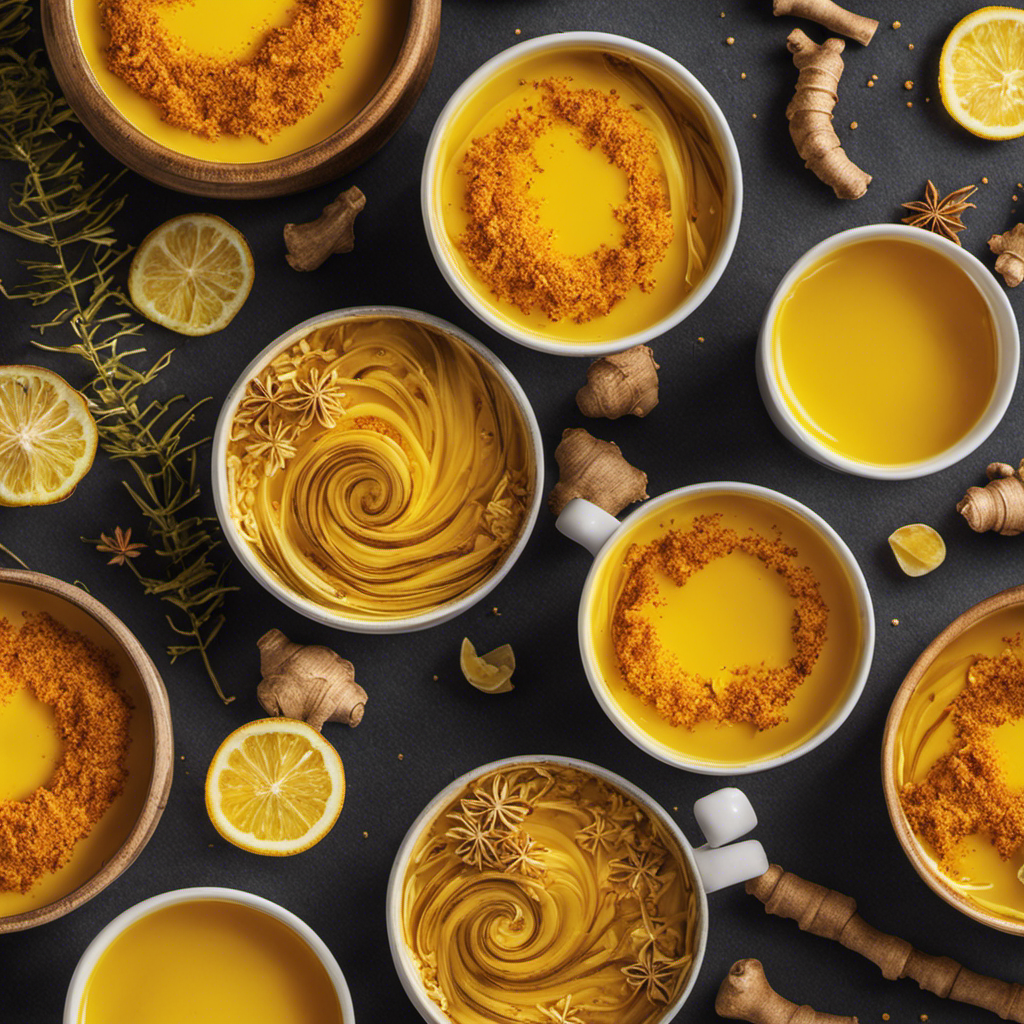 An image showcasing a cup of steaming golden turmeric ginger tea