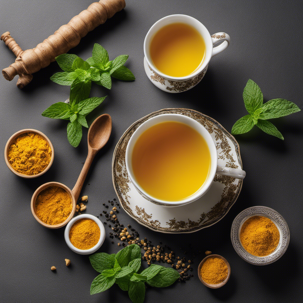 An image depicting a steaming cup of vibrant yellow turmeric tea being poured into a delicate porcelain cup, surrounded by freshly harvested turmeric roots, crushed black pepper, and a sprig of fragrant mint
