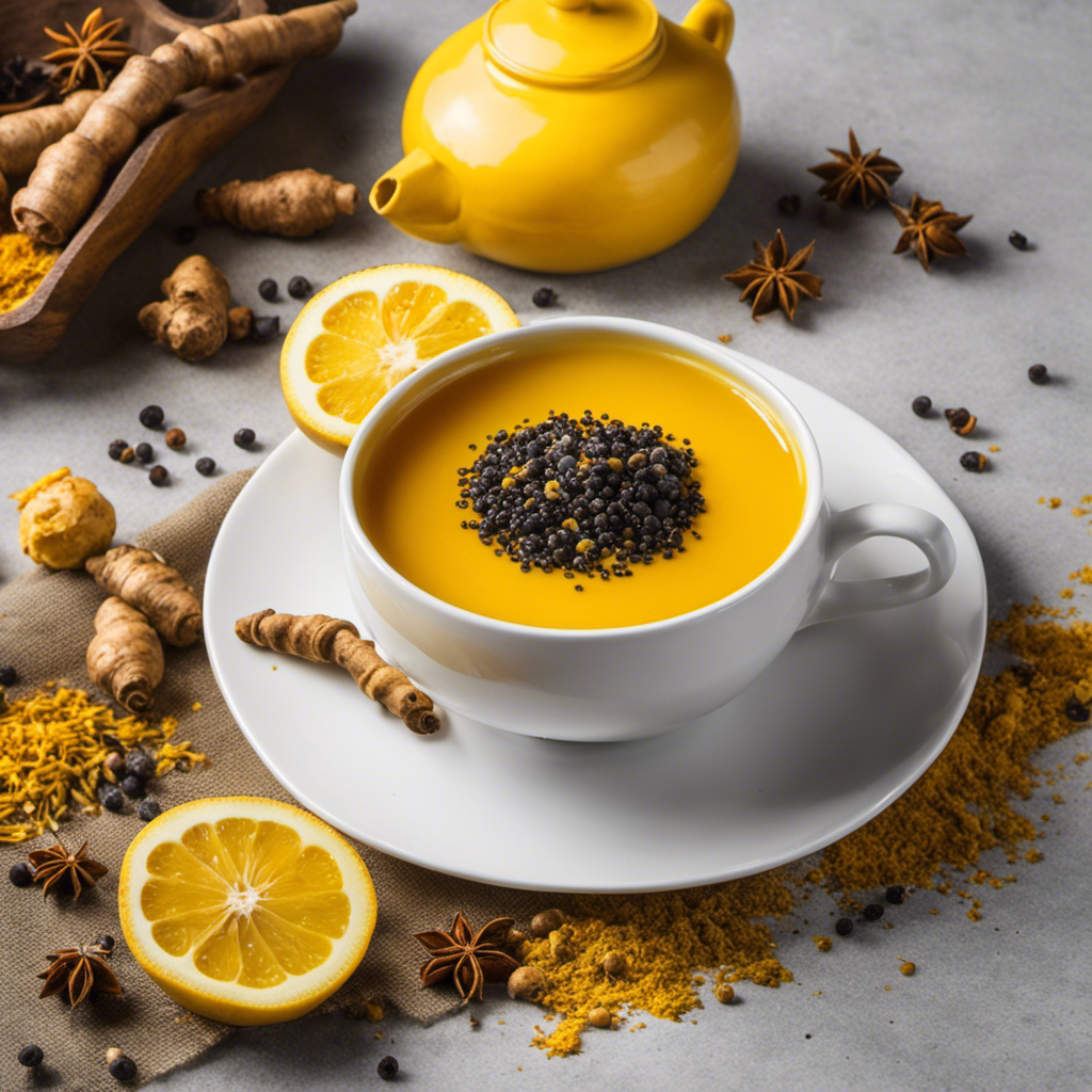 An image that showcases a vibrant cup of golden turmeric tea, steam gently rising from it