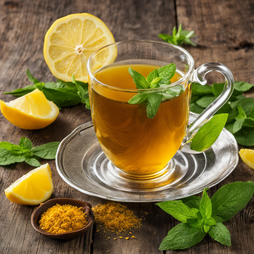 An image showcasing a steaming cup of vibrant golden turmeric tea, adorned with a slice of lemon and a sprig of fresh mint