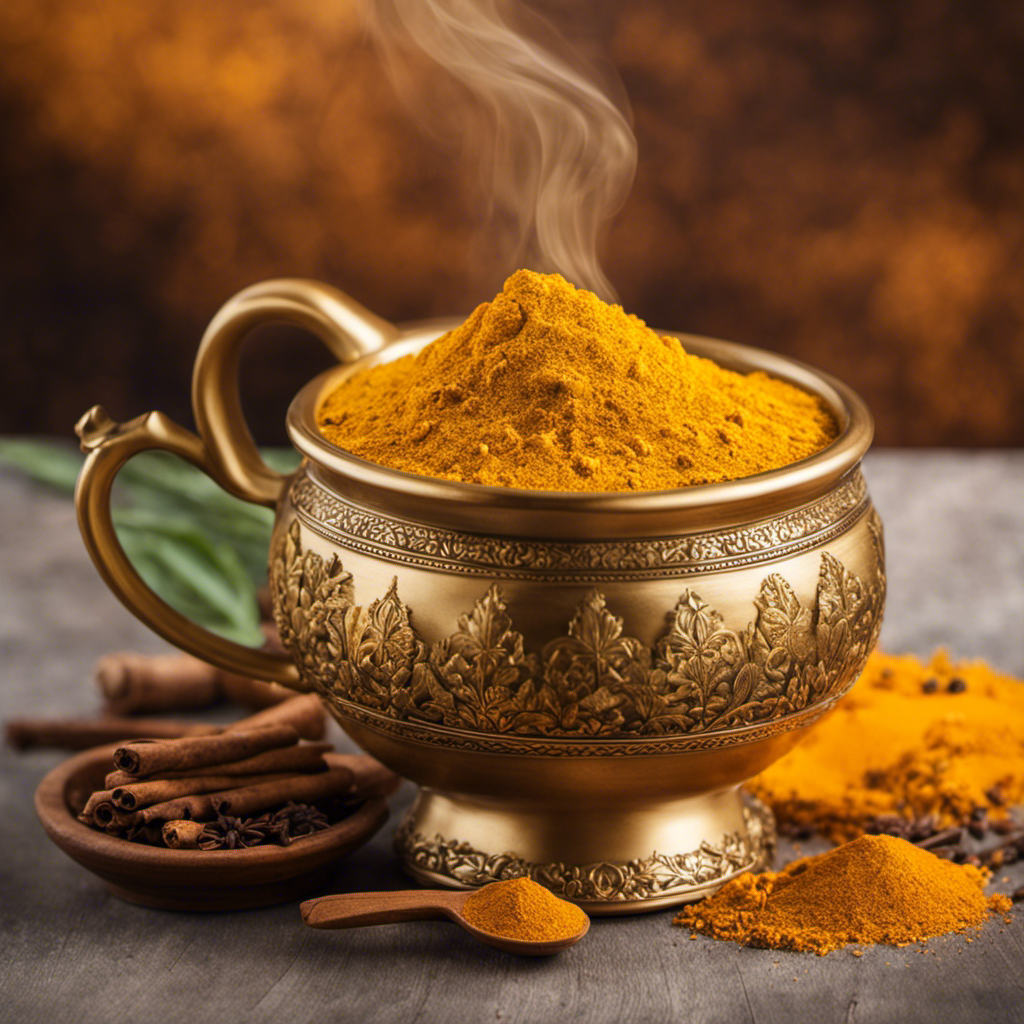 An image showcasing a steaming mug of vibrant golden turmeric tea, radiating warmth, with fresh turmeric root and other aromatic spices beautifully arranged in the foreground