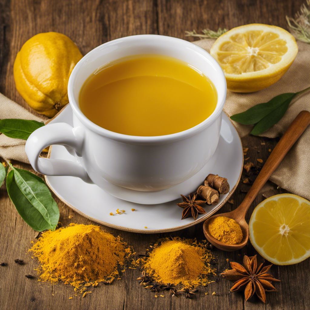An image depicting a steaming mug of vibrant yellow turmeric tea, surrounded by freshly grated turmeric root, lemon slices, and a sprinkle of black pepper, showcasing the soothing and anti-inflammatory properties of this invigorating beverage