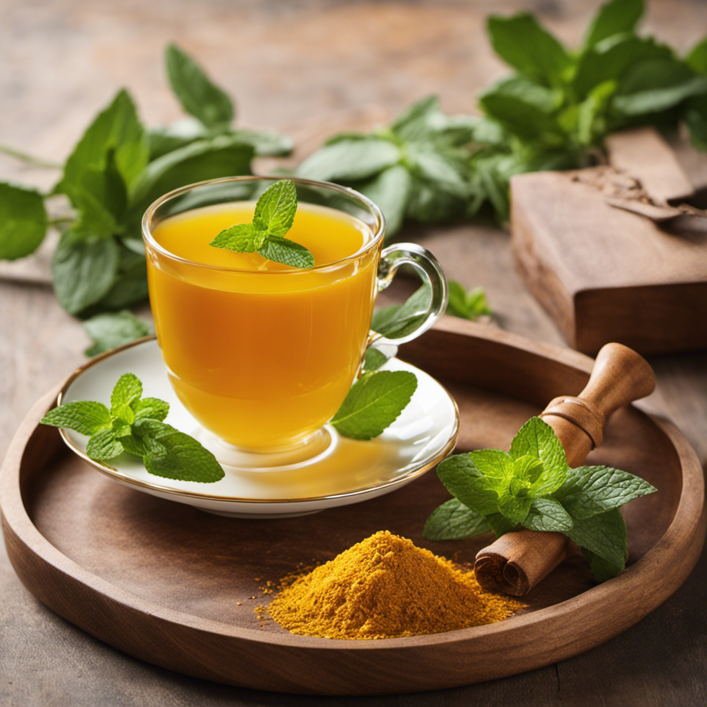 An image showcasing a steaming cup of golden turmeric tea, adorned with a vibrant sprig of fresh mint leaves