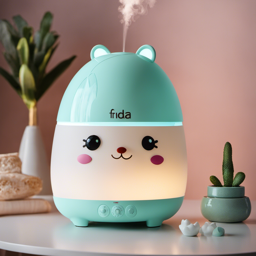 An image showcasing the Frida Baby 3-in-1 Humidifier nestled in a cozy nursery, emitting a gentle mist to soothe a sleeping baby